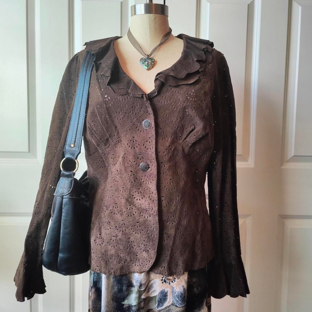 Vintage 90s Brown Suede Jacket Laser Cut Bell Coldwater Creek Boho Western Sz M